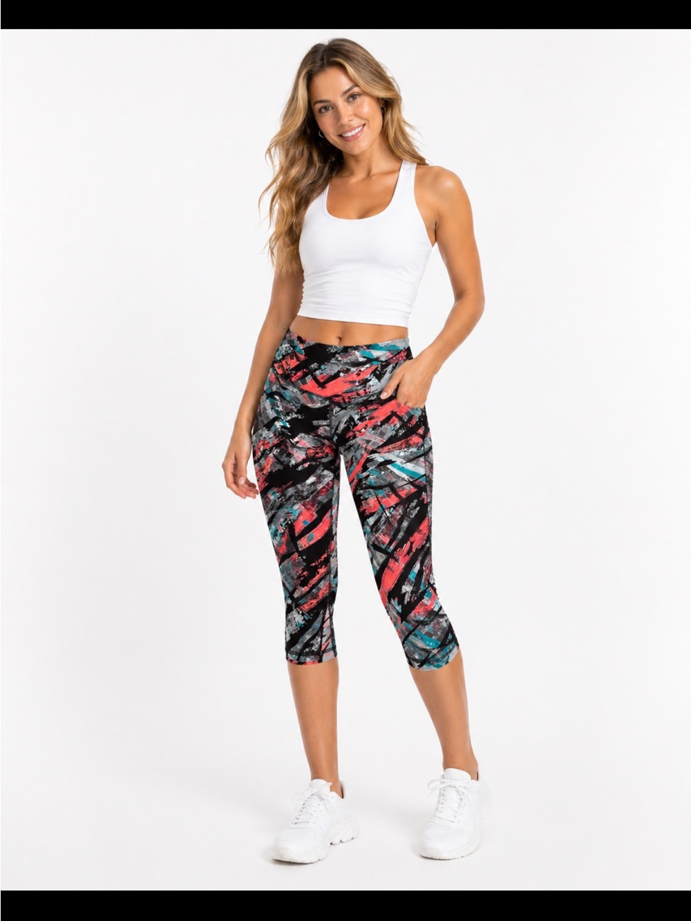 Fabletics Black Capri Leggings with Teal & Coral Brushstroke Print